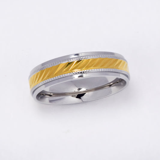 Stainless steel 6mm two toned multi pattern ring - NCSSR024