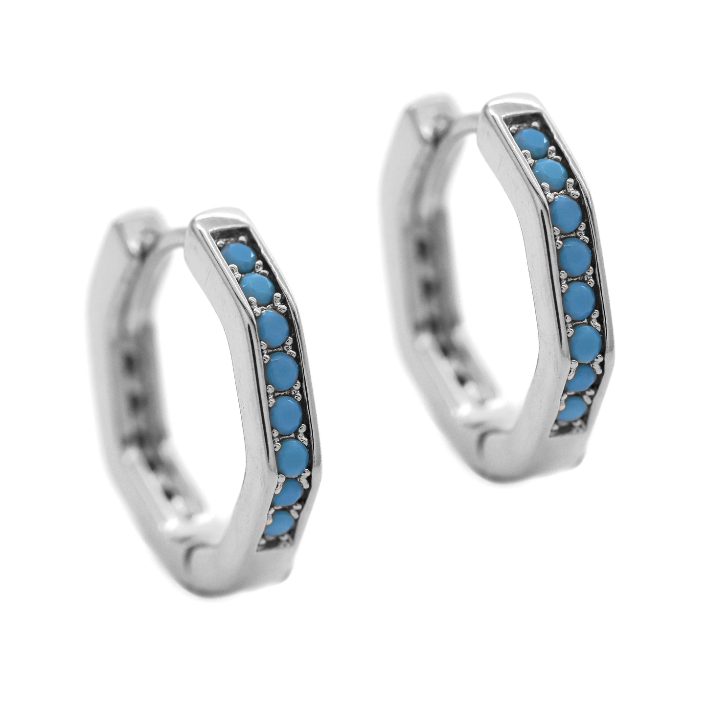 Premium silver hexagon turquoise stone huggie earrings - PYE3573