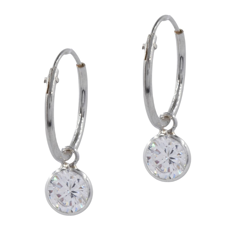 925 Silver 14mm hoops with crystal drop - SBE038