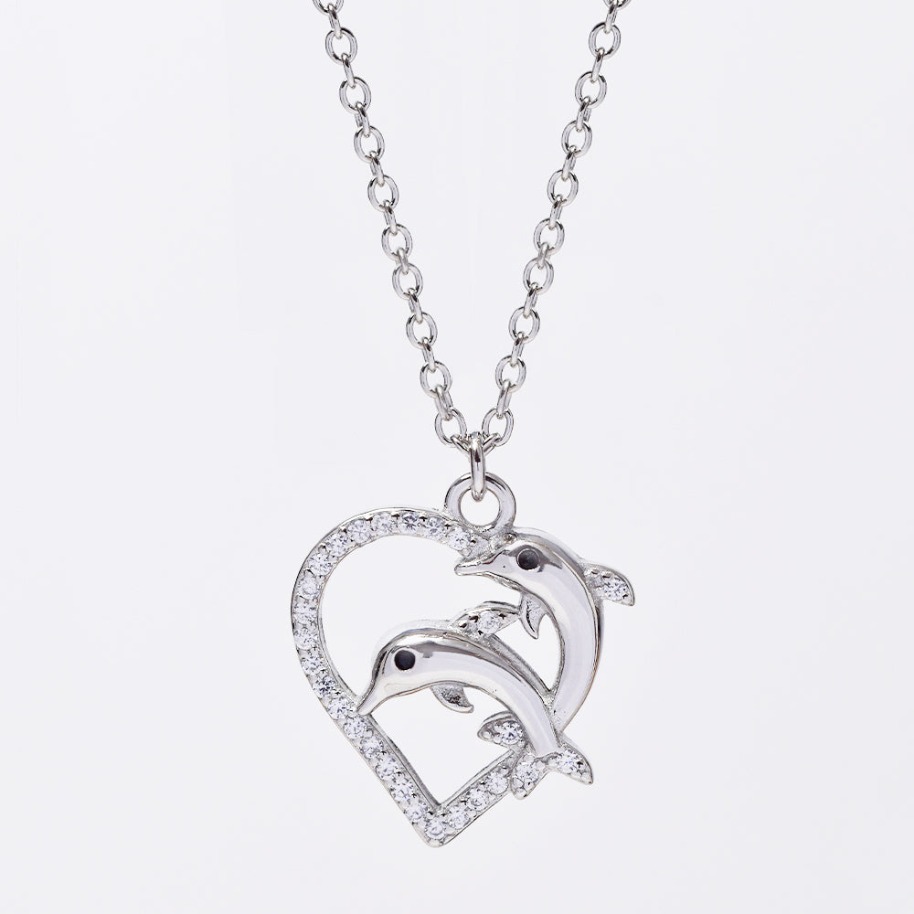 925 Silver cubic zirconia heart with dolphin pendant on chain - SMN2974