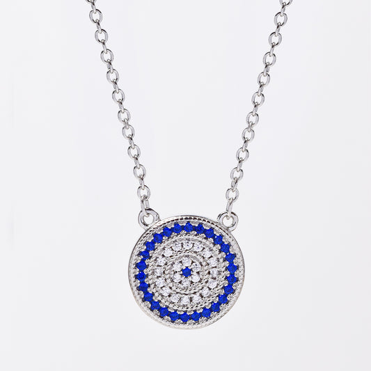 925 Silver cubic zirconia flat round disc pendant with blue and white stones attached to chain