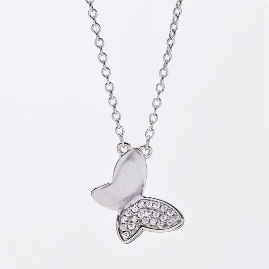 925 Silver butterfly pendant half cubic zirconia half plain attached to chain
