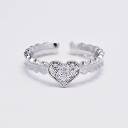 925 Silver cubic zirconia flat pave heart  scallop edge ring - SMR2987