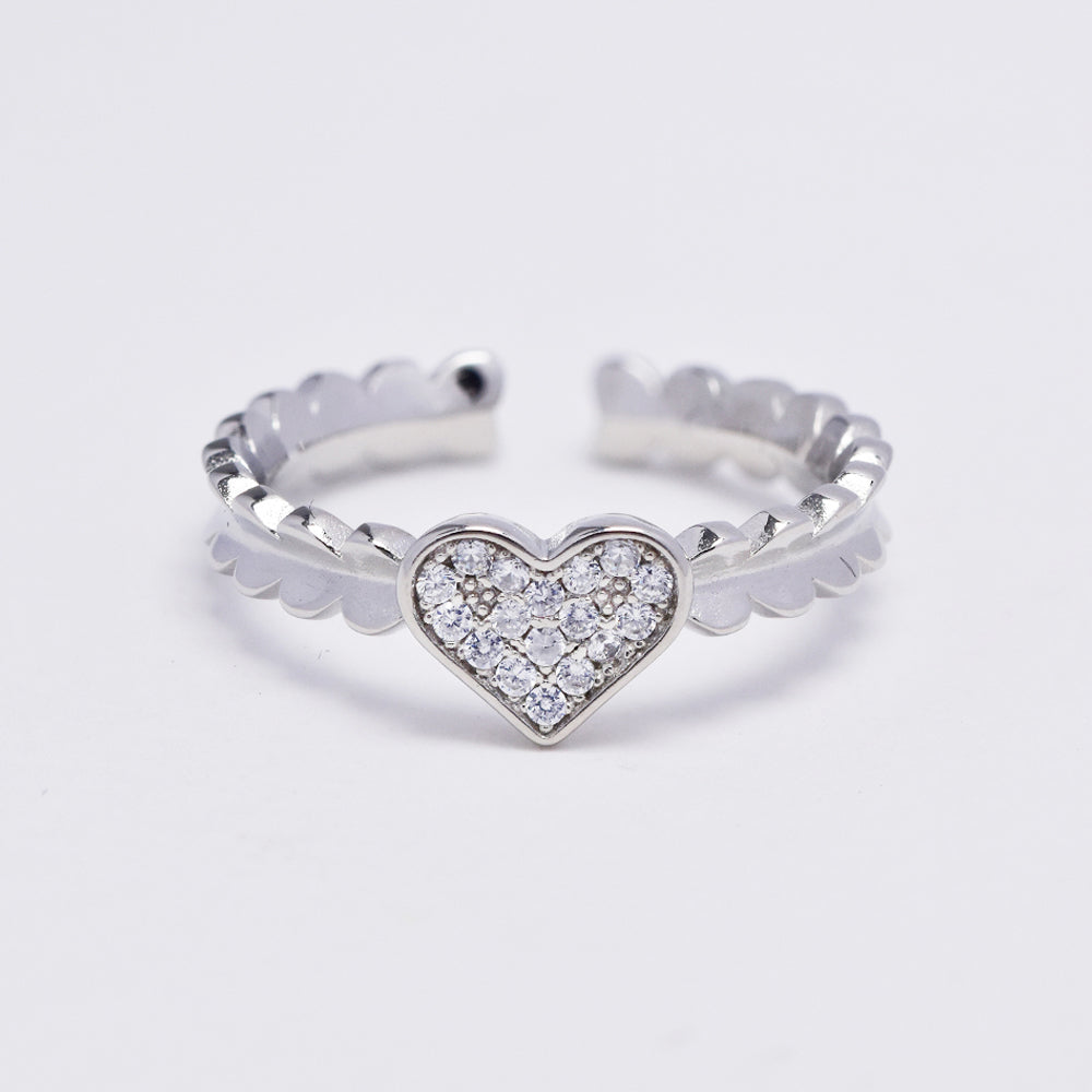 925 Silver cubic zirconia flat pave heart  scallop edge ring - SMR2987