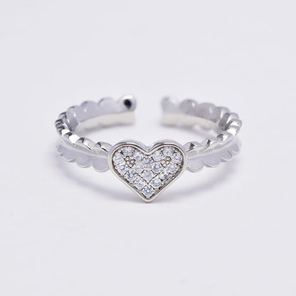 925 Silver cubic zirconia flat pave heart  scallop edge ring - SMR2987