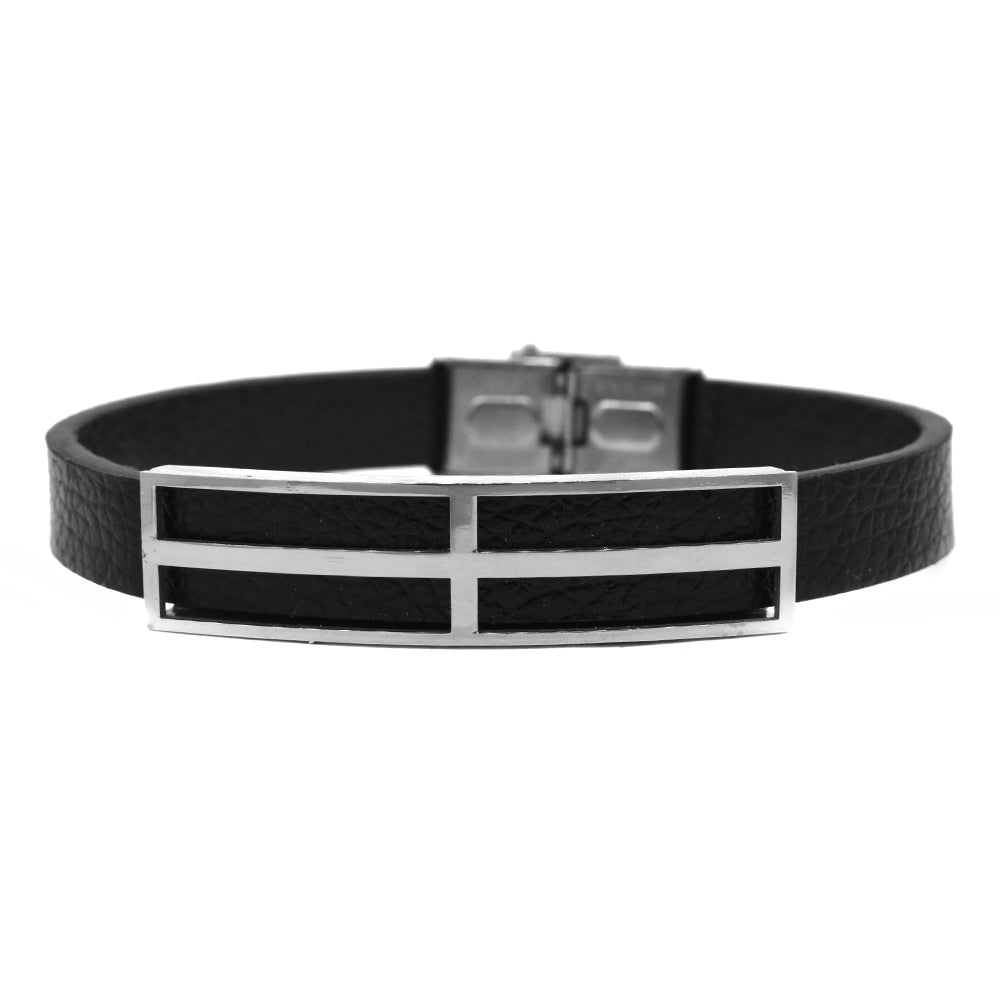 Stainless steel leather cutout cross ID bracelet - SSGB9133