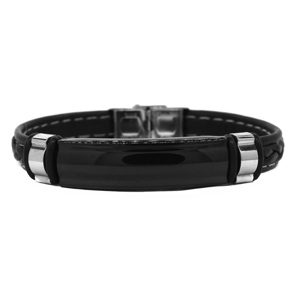 Stainless steel stitch leather black ID bracelet - SSGB9140