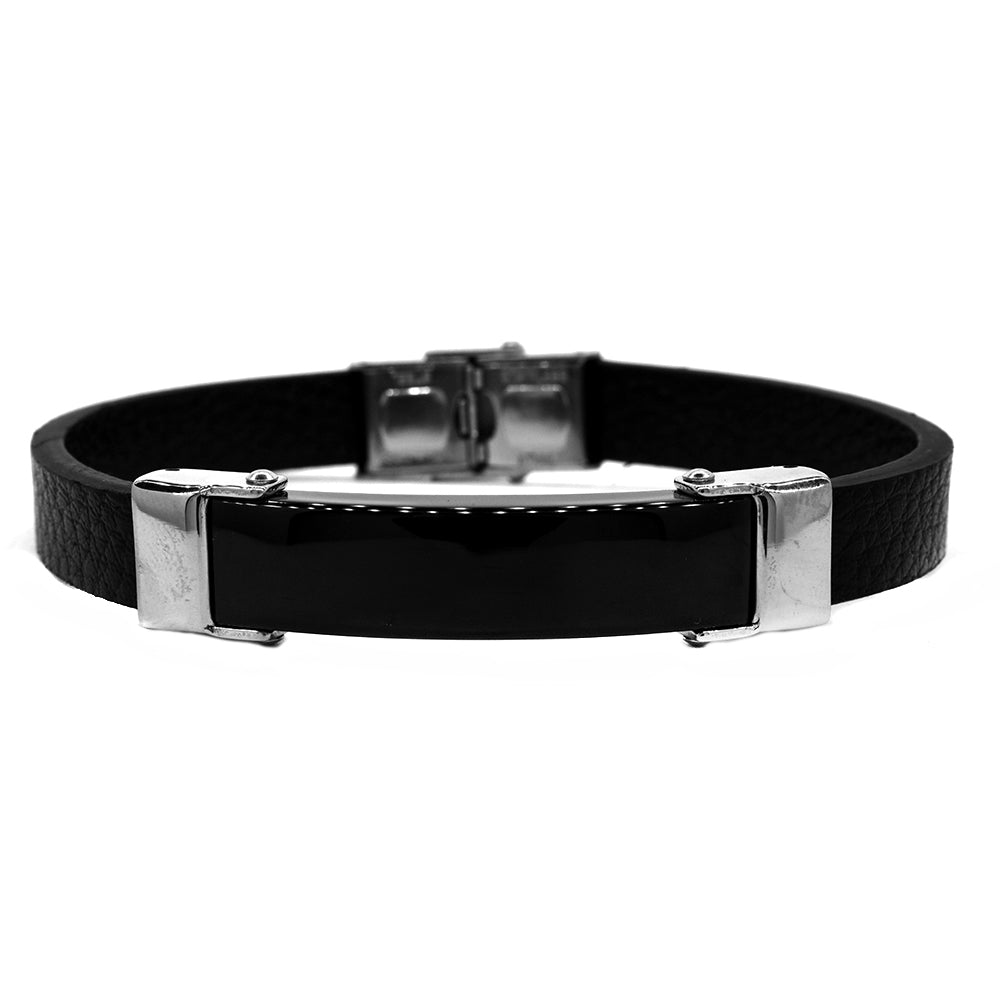 Stainless steel leather black ID bracelet - SSGB9161