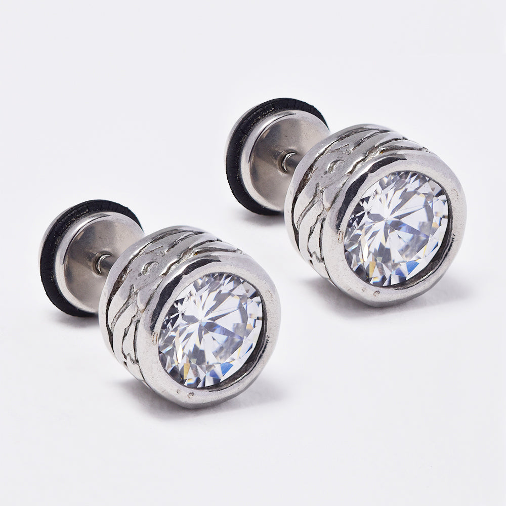 Stainless steel cubic zirconia textured tube earring