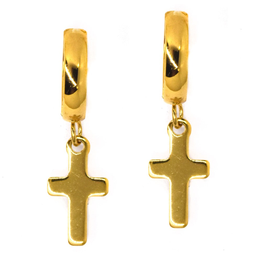 Stainless steel cross charm gold plated huggie - SSGE9011