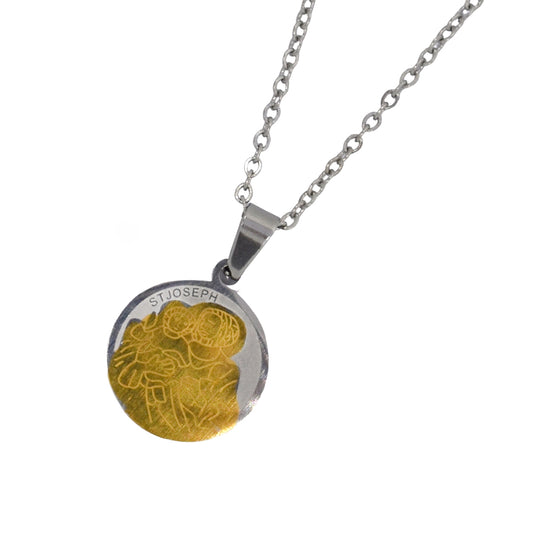 Stainless steel two tone St Joseph disc pendant on chain
