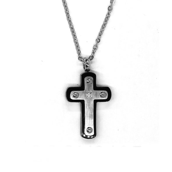 Stainless steel two tone CZ screw edge cross pendant - SSGN9195