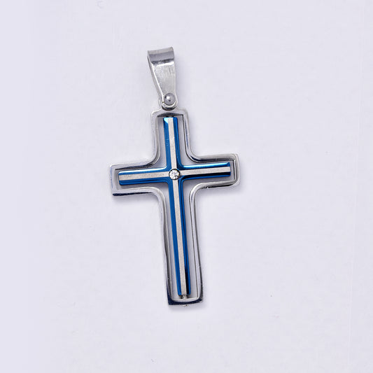 Stainless steel and blue cross pendant with cubic zirconia stone