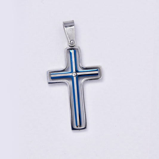 SSGP4430 - Steel two tone cross pendant with CZ