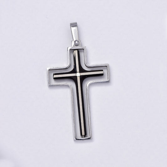 Stainless steel two toned cutout cross with cubic zirconia in center