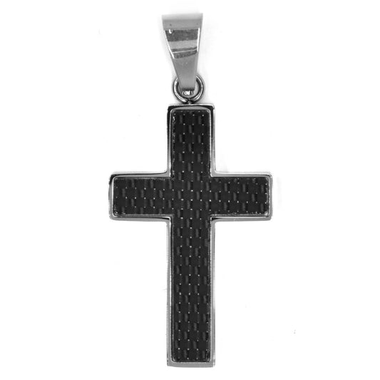 Stainless steel carbon fibre cross pendant on chain - SSGP7650