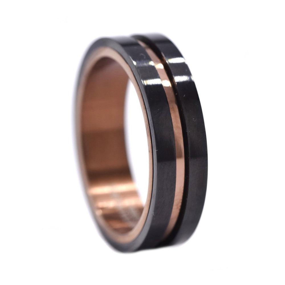 Stainless steel black band ring with rose gold line
