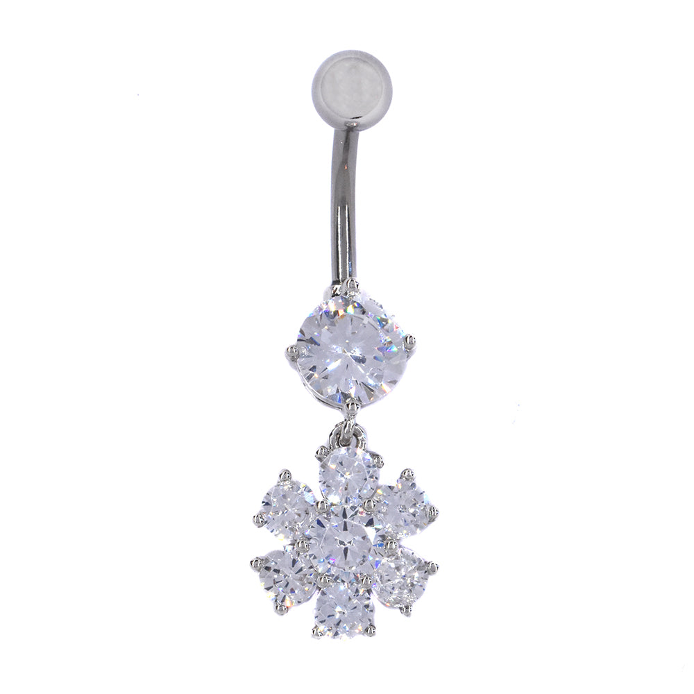 Stainless steel cubic zirconia dangle flower belly ring - SSMBJ2000