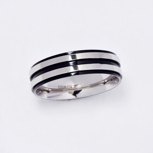 Stainless steel 6mm black and silver line ring - SSR2698i