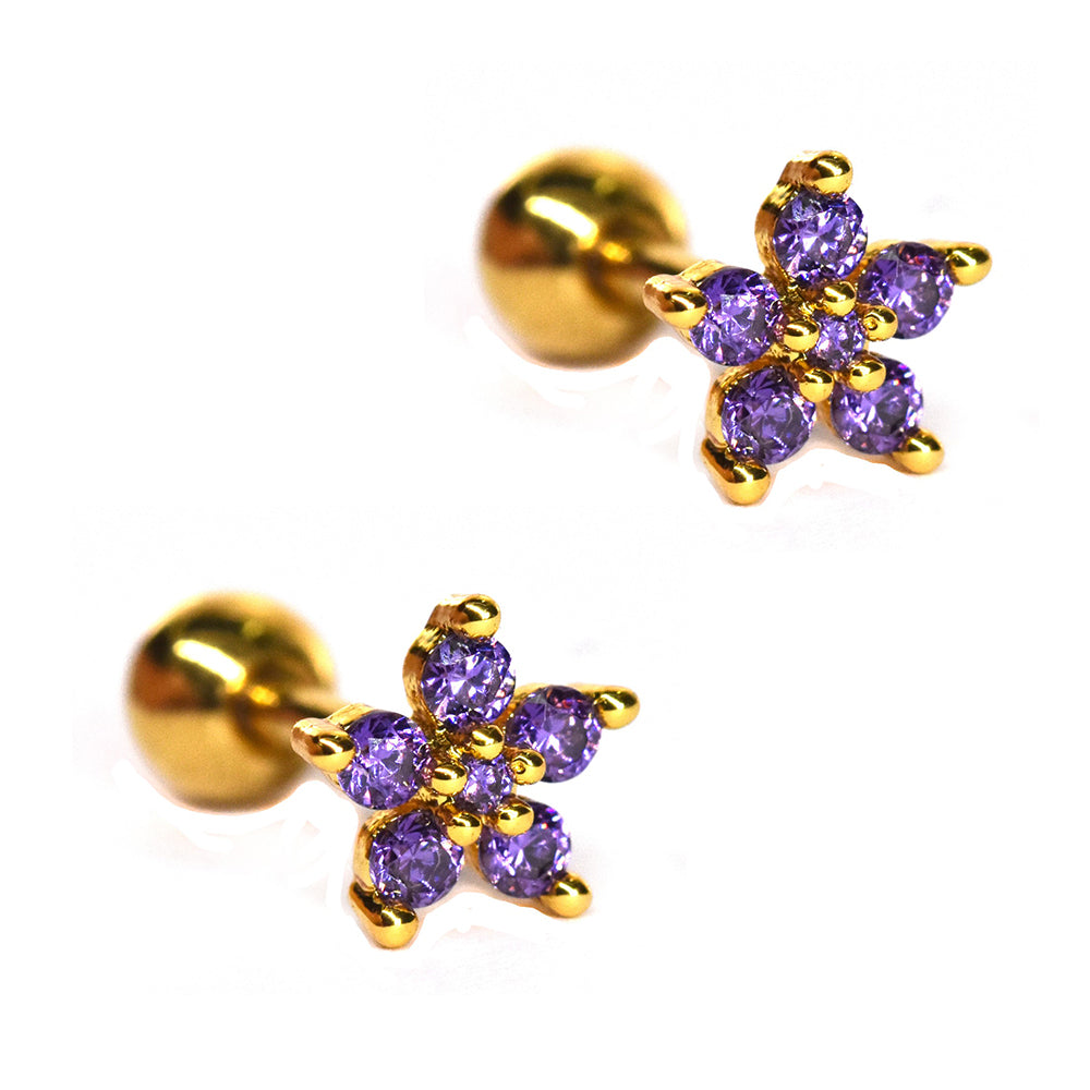 2 Pack Stainless steel gold plated purple CZ flower piercing