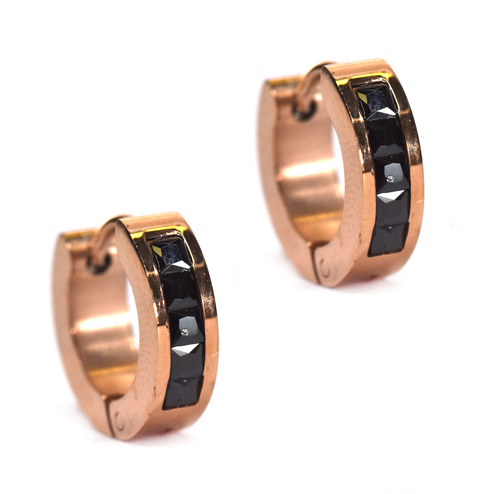 Stainless steel black cubic zirconia channel huggie earrings   rose gold - SSVE6257i