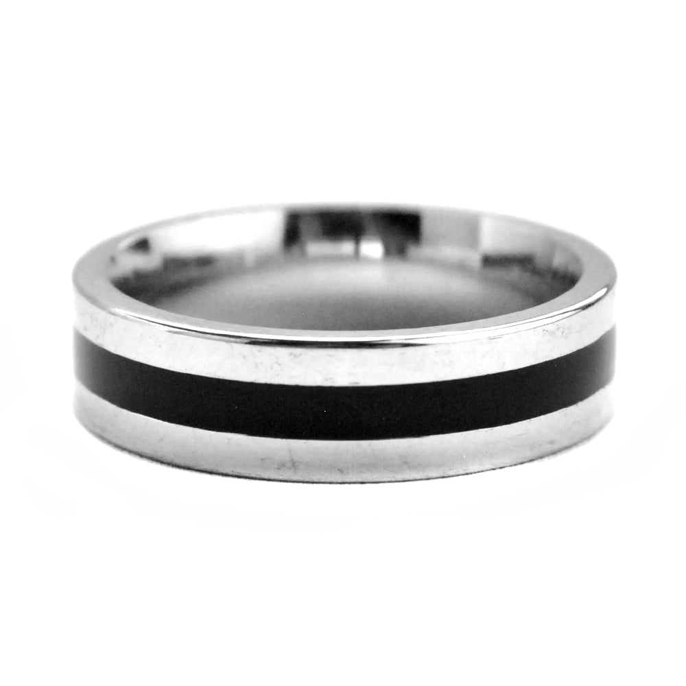 Stainless steel centred black line ring - SSVR2102