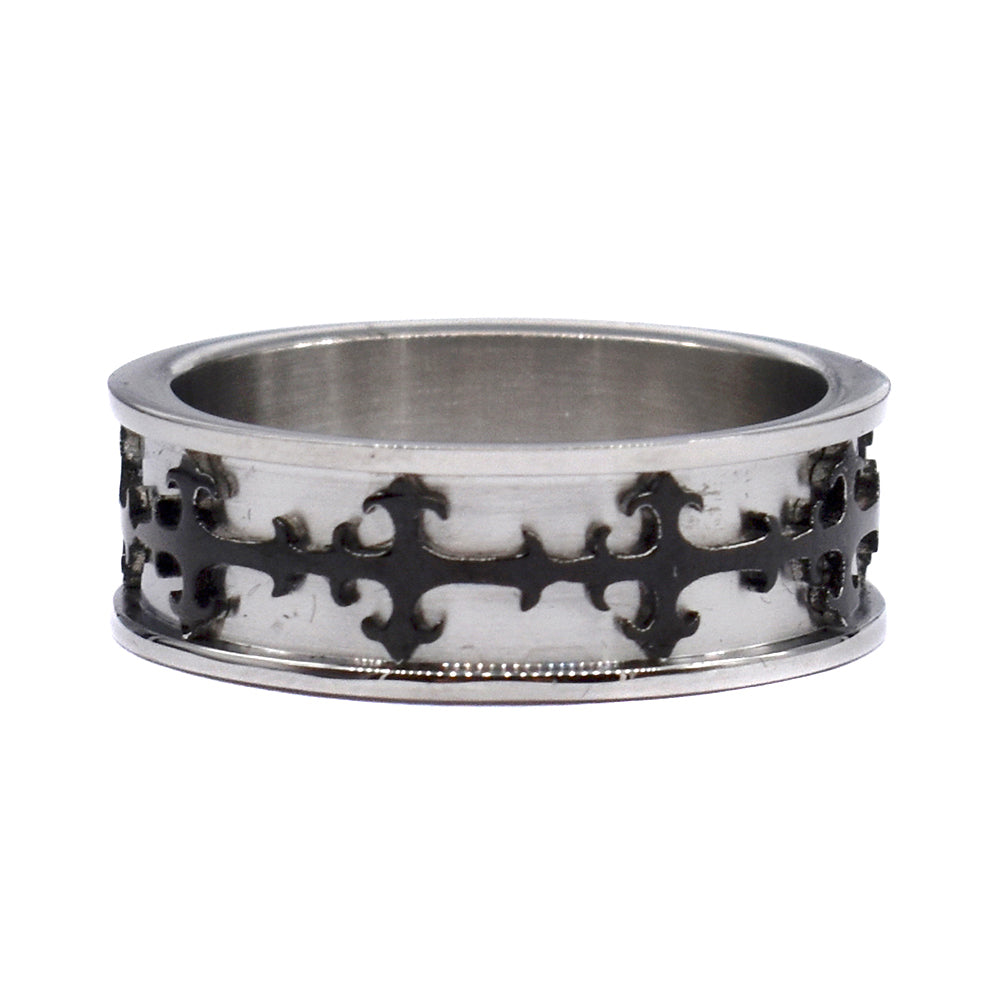 Stainless steel black goth cross centre ring - SSXR095