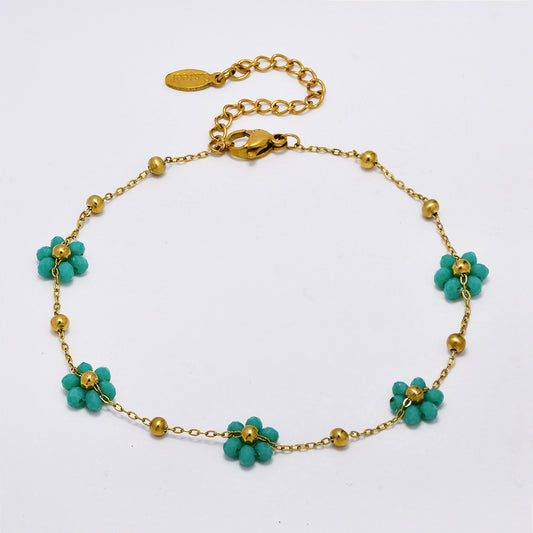 Stainless steel colour flower beaded anklet - SSYA5177