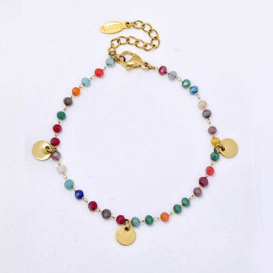 Stainless steel 15+3cm faceted colour bead and disk bracelet - SSYB5324