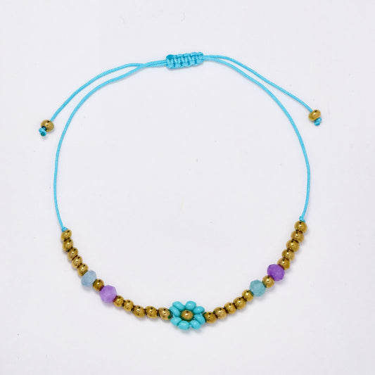 Stainless steel natural stone and flower beaded adjustible bracelet - SSYB5328