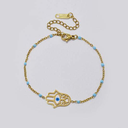 Stainless steel gold and blue beaded Hamsa hand bracelet - SSYB5467