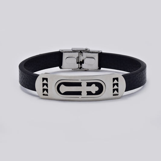 Stainless steel and leather cross cutout ID bracelet - SSYB5476