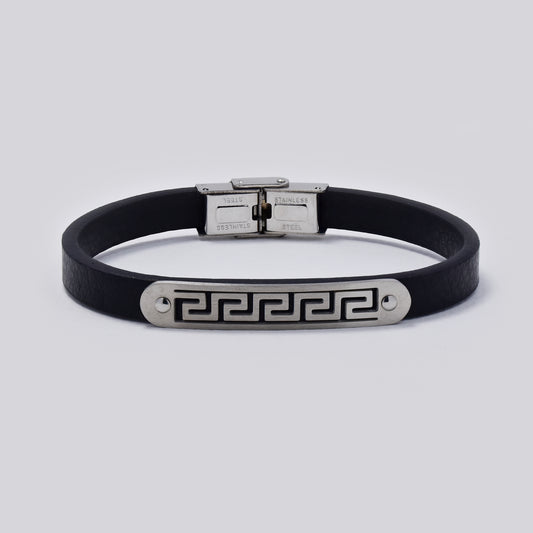 Stainless steel and leather bracelet with cutout geometric pattern - SSYB5484