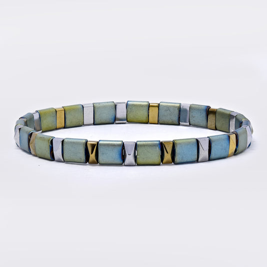 Green and silver flat bead stretch bracelet - SSYB5594