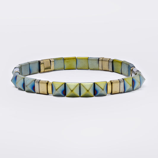 Green, silver and gold spiky cube stretch bracelet - SSYB5595