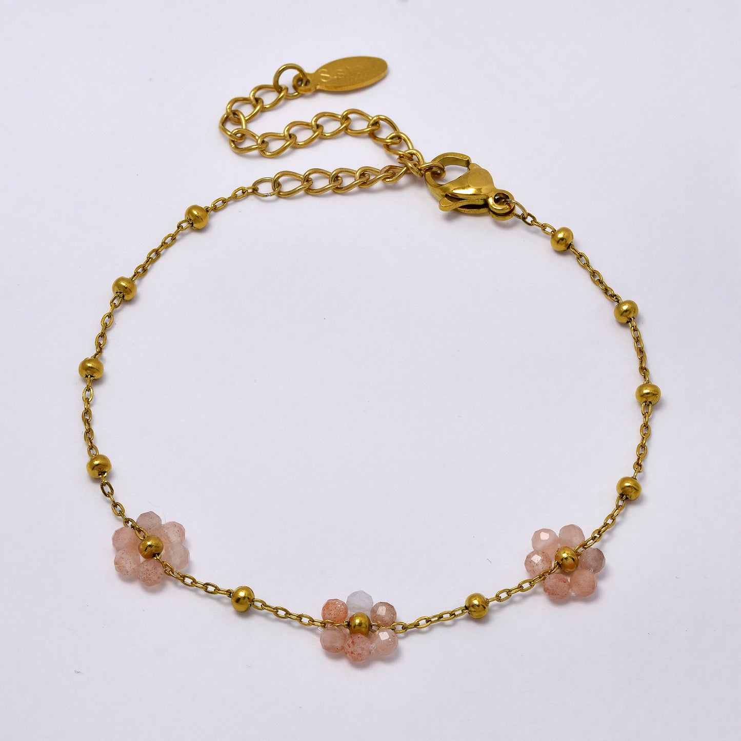 Steel 17cm + 5cm natural and acrylic flower bead bracelet - SSYB5862