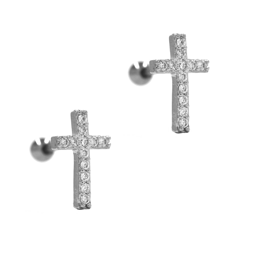 2 Pack Stainless steel straight cross cartilage stud earring set with cubic zirconia - SSYBJ1845