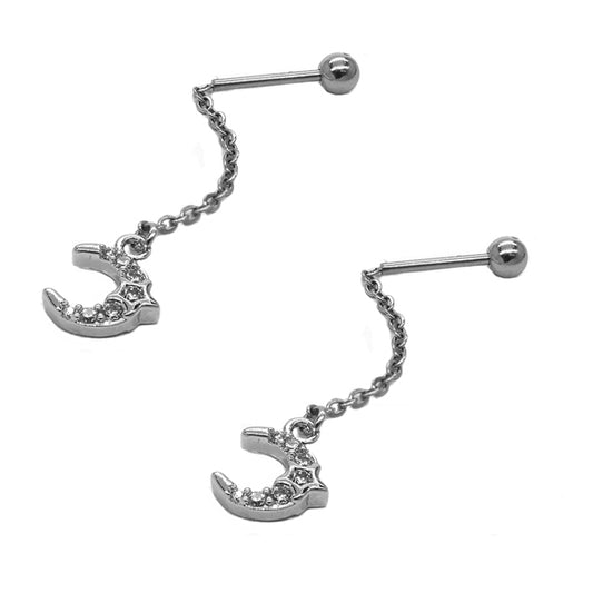 2 Piece stainless steel dangle crescent moon piercing