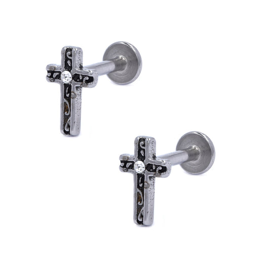 2 Pack Stainless steel cross piercing with flat back closure