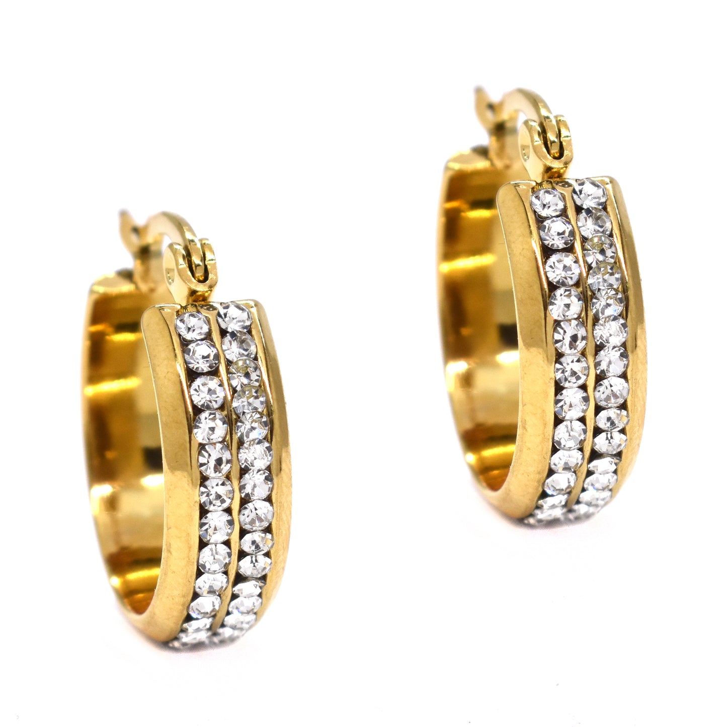 Stainless steel gold double cubic zirconia row 20mm hoop - SSYE2156