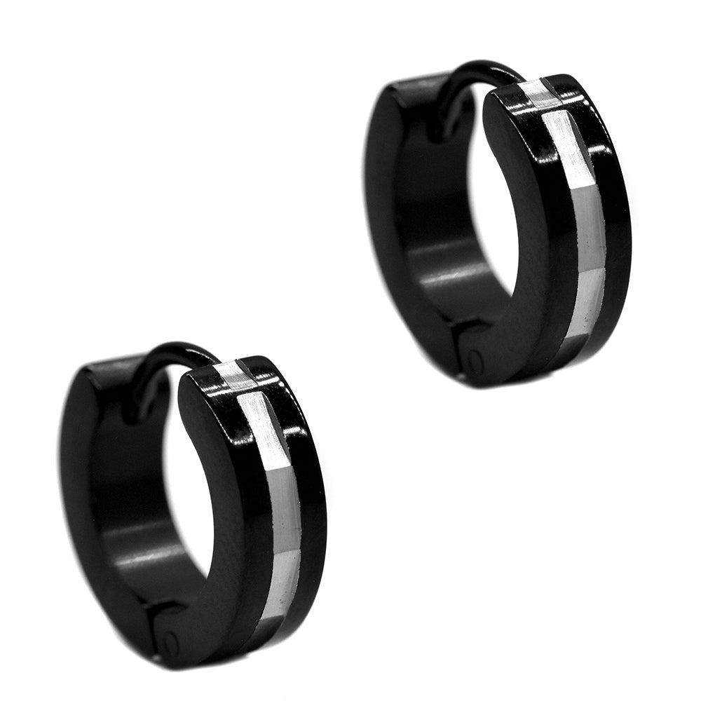 Stainless steel black with centred steel stripe huggie earrings