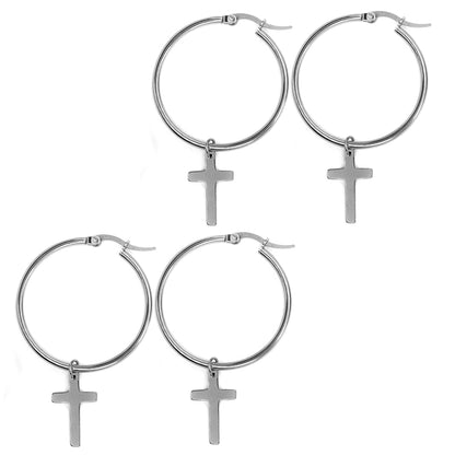 2 Pack Stainless steel 35mm hoop with 18mm x 11mm cross charm earring