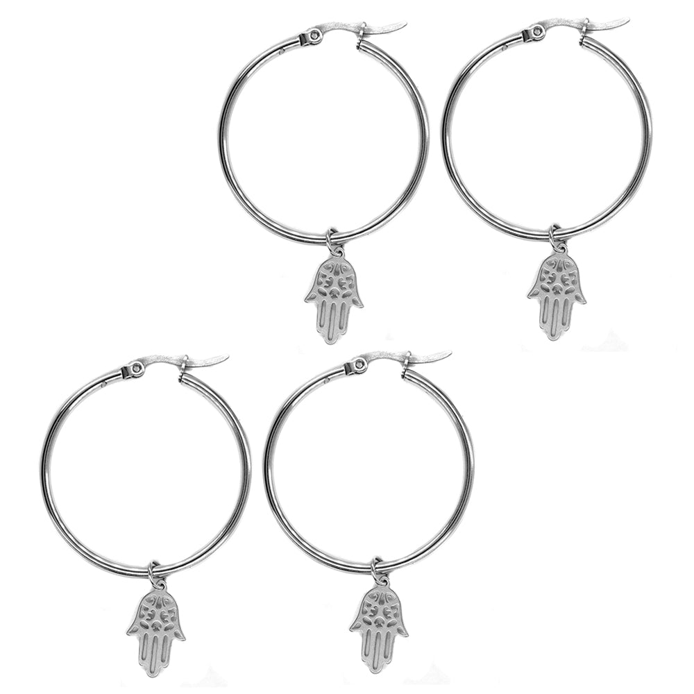 2 Pack Stainless steel 35mm hoop earring with 15mm x 10mm Hamsa hand charm - SSYE3088