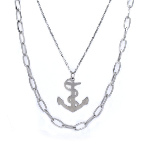 Stainless steel layered necklace with anchor pendant, inner chain length: 50cm outer chain length: 61cm