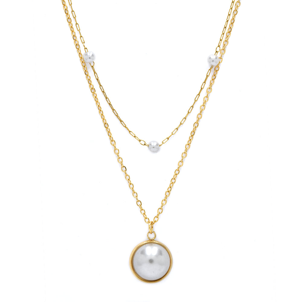 Stainless steel double layered with necklace with pearls - SSYN4563