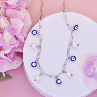 Stainless steel evil eye freshwater pearl necklace