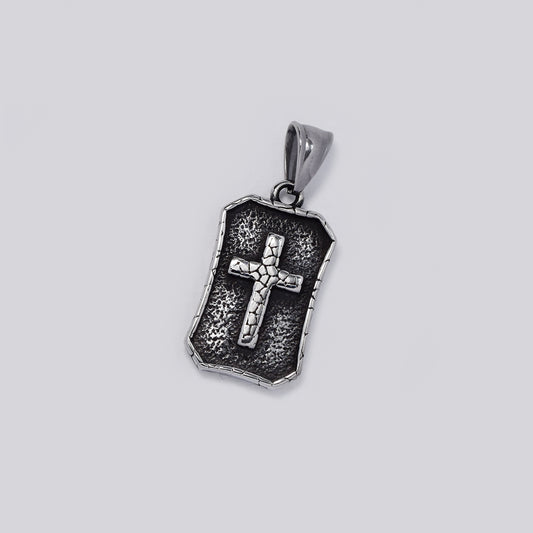 Stainless steel oxidized rectangular disk with cross inside pendant