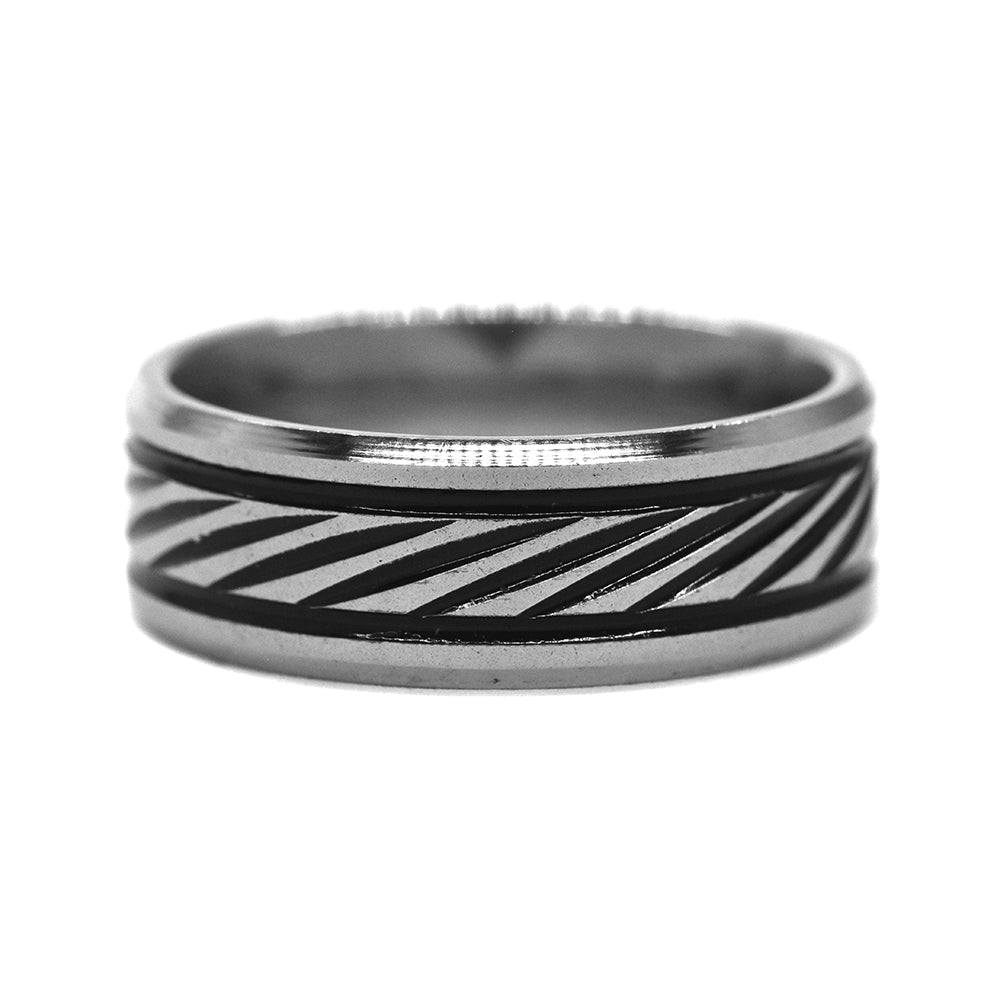 Stainless steel and black diagonal striped ring