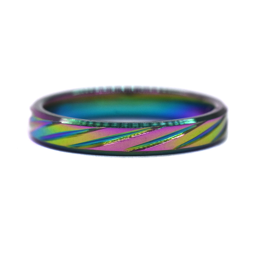 Stainless steel multi colour diagonal engraved stripe ring