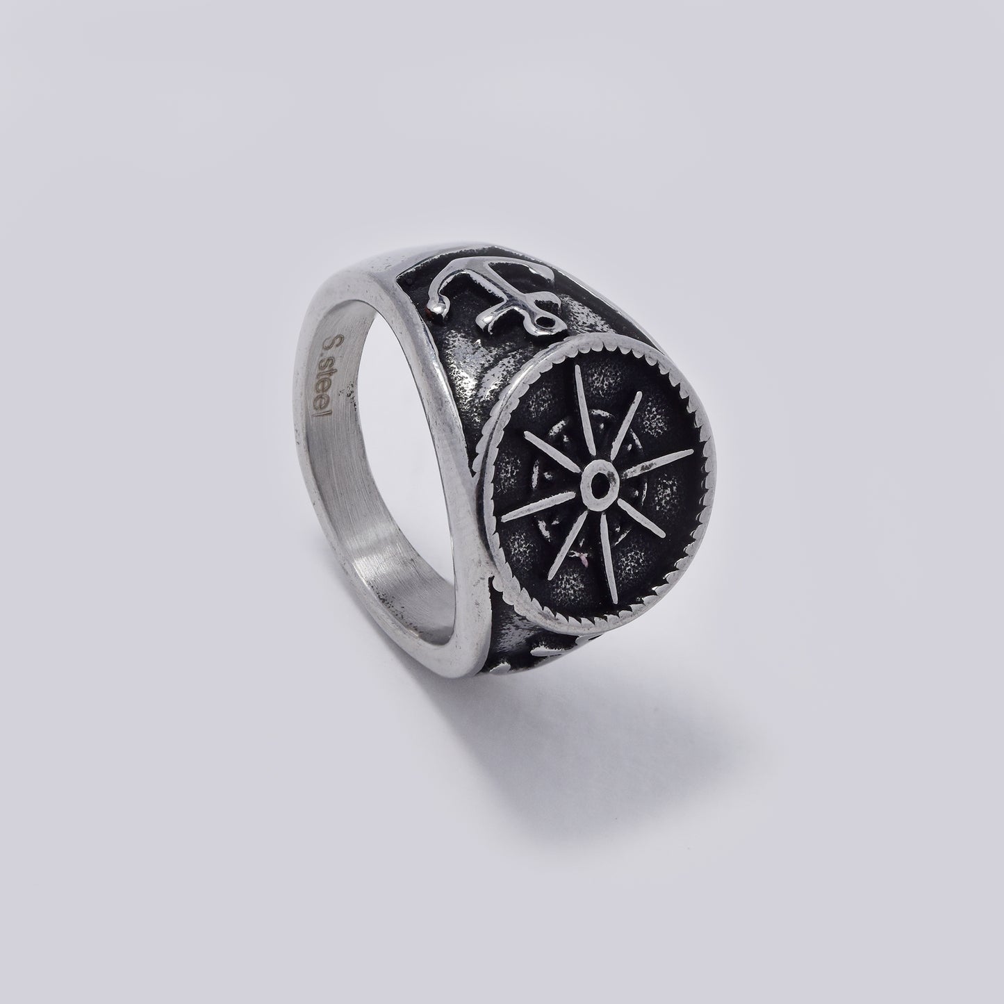 Stainless steel oxidized compass signet ring - SSYR5465